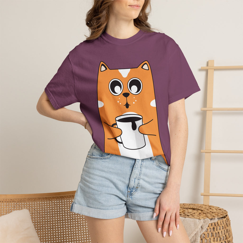 Coffee Cat T-Shirt — Cute Cat Holding Coffee Mug, “My morning doesn’t start until the coffee clocks in” Tee