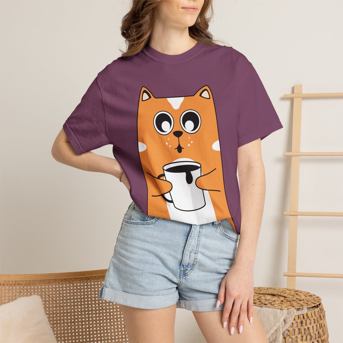 Coffee Cat T-Shirt — Cute Cat Holding Coffee Mug, “My morning doesn’t start until the coffee clocks in” Tee