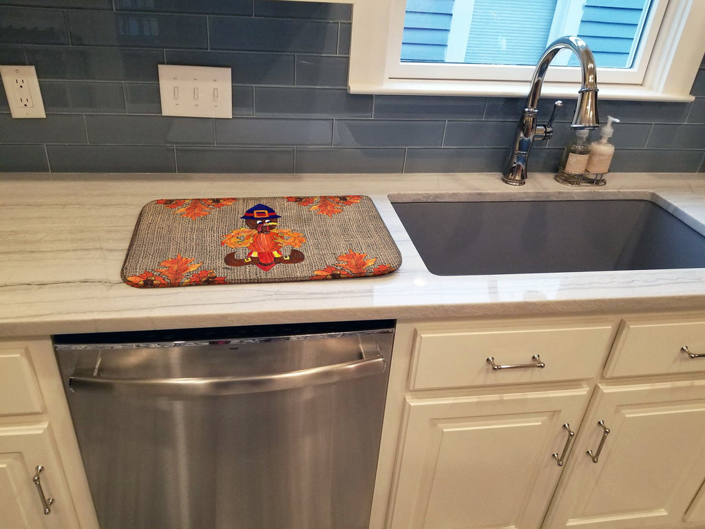 Thanksgiving Turkey Fleur de lis on Faux Burlap Dish Drying Mat Absorbent Dish Drying Mat Pad for Kitchen Counter Dish Drainer Mat for Countertop, 14 x 21", Multicolor