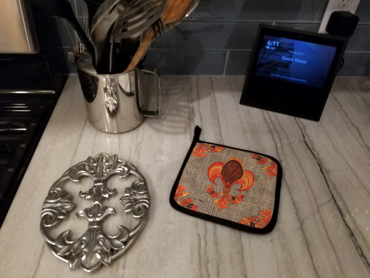Thanksgiving Turkey Fleur de lis  on Faux Burlap Pot Holder Set of 2 Heat Resistant Quilted Hot Pads 7.5 x 7.5 Inch, Insulated Kitchen Trivets for Cooking & Baking
