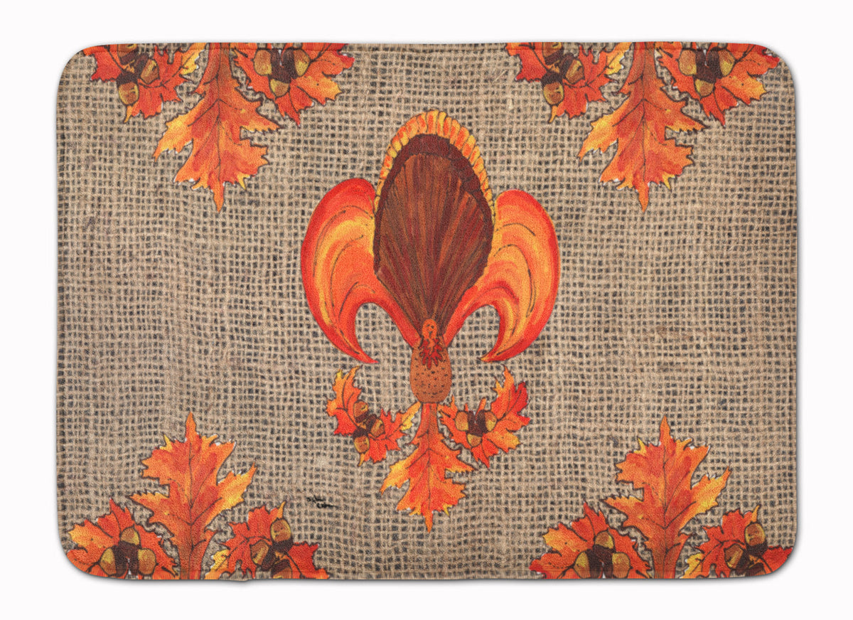 Thanksgiving Turkey Fleur de lis  on Faux Burlap Memory Foam Kitchen Mat Machine Washable Anti-Fatigue Cushion Comfort Bath or Kitchen Rug