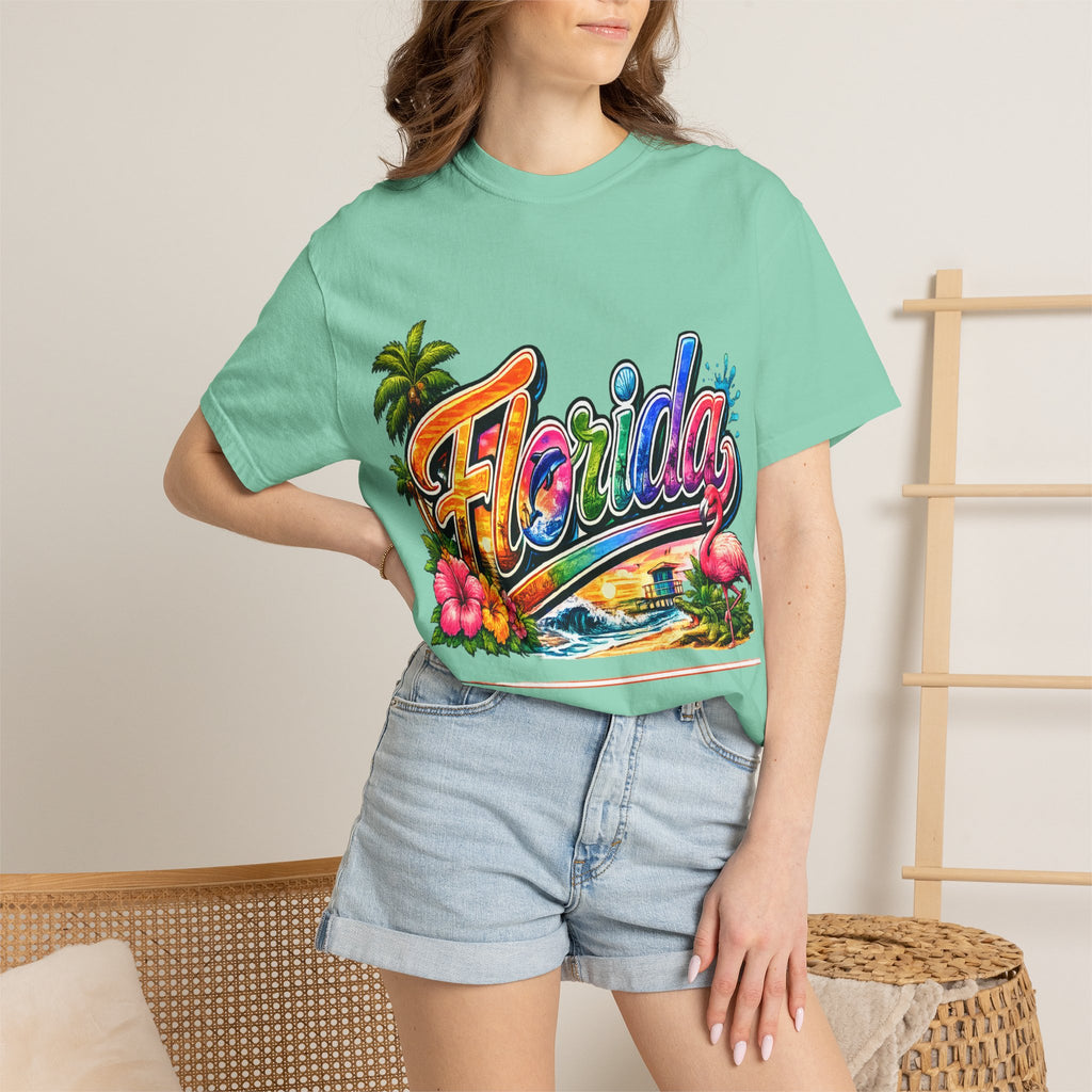 Florida Retro Palm Beach Sunset T-Shirt | Flamingo Hibiscus
