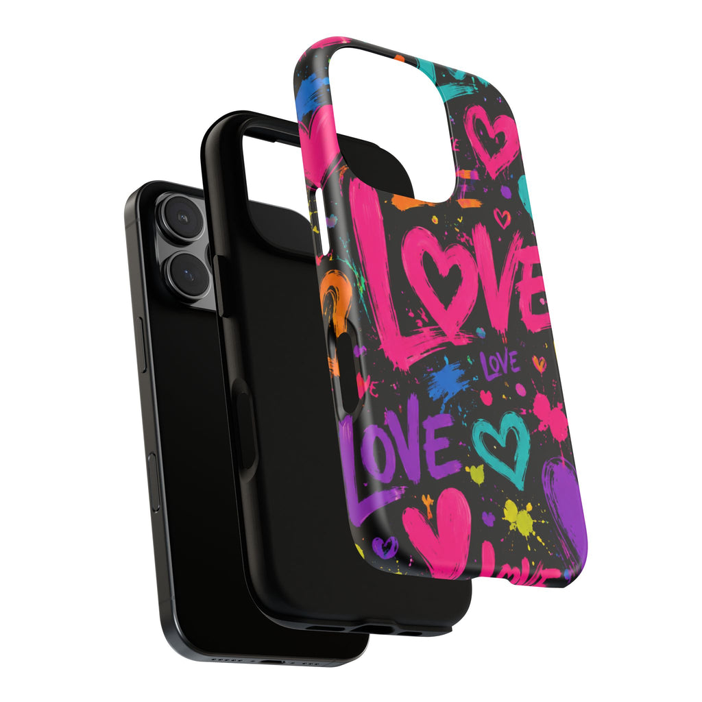 Phone Case — Neon Graffiti "Love" Hearts Protective Tough Case