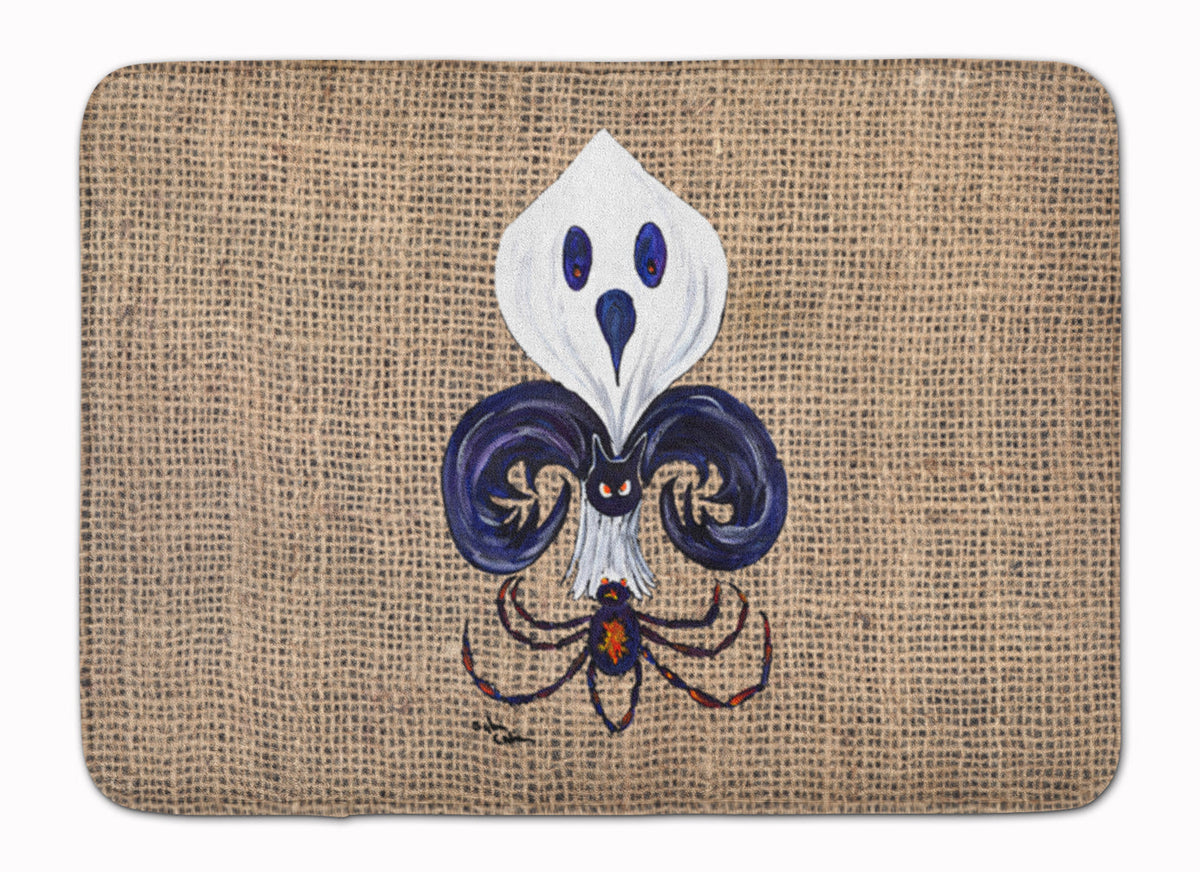 Halloween Ghost Bat and Spider Fleur de lis on Faux Burlap Memory Foam Kitchen Mat Machine Washable Anti-Fatigue Cushion Comfort Bath or Kitchen Rug