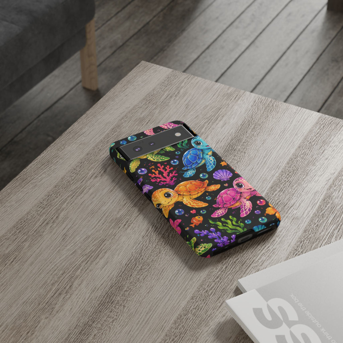 Phone Case — Colorful Cute Sea Turtles on Black (Protective Smartphone Cover)