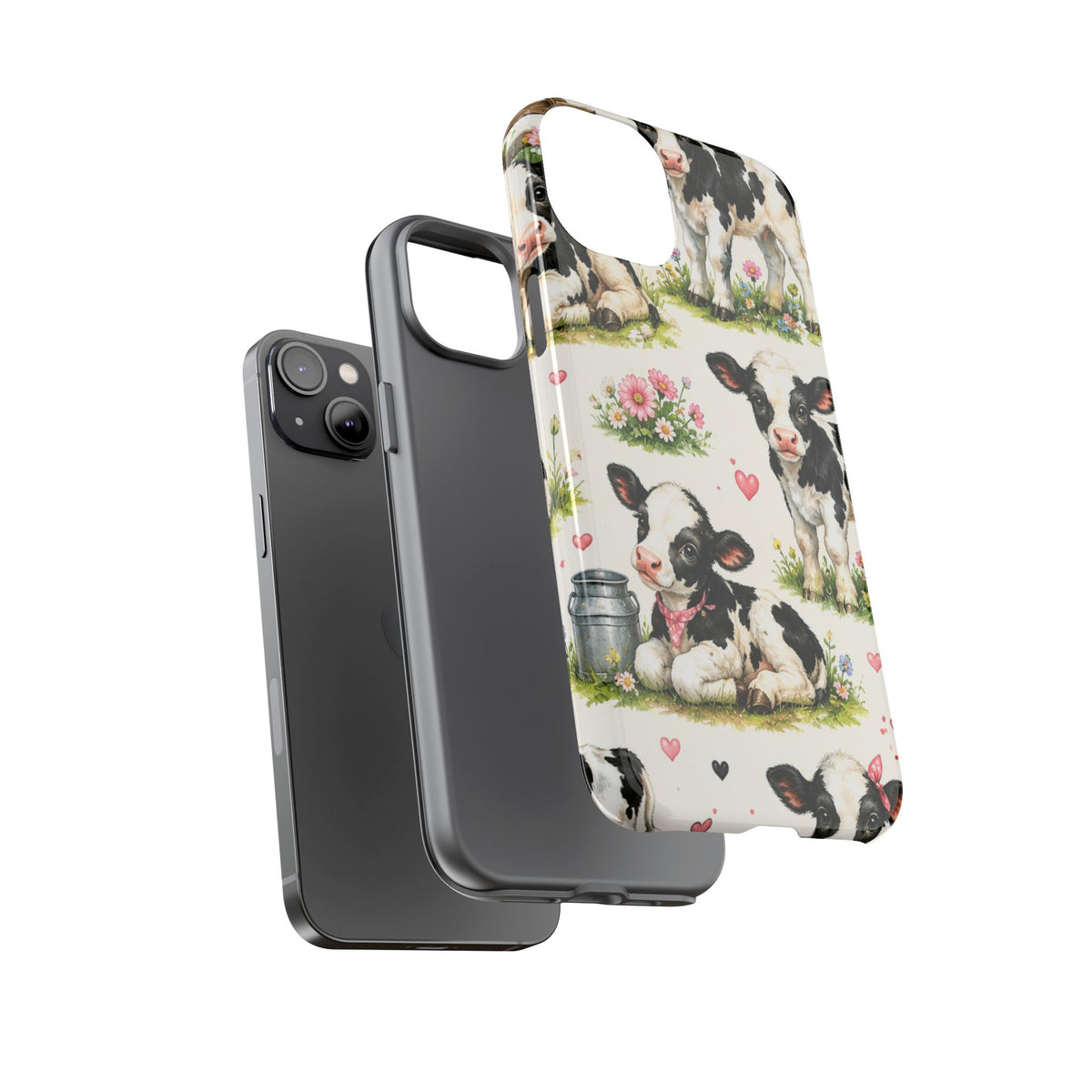 Cute Calf Pattern Phone Case – Pastel Cow Hearts & Flowers Protective Cover