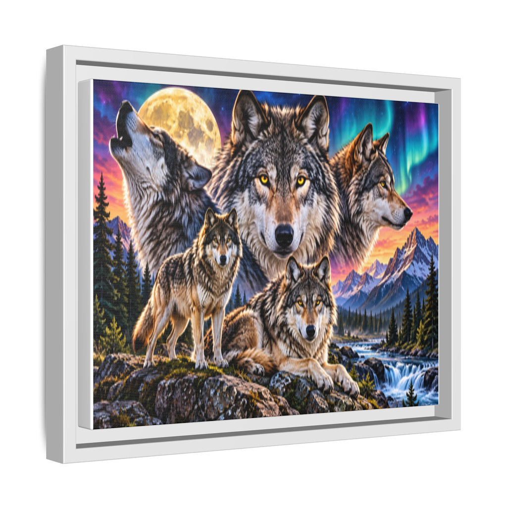 Framed Wolf Pack Matte Canvas Wall Art — Northern Lights Wilderness Scene