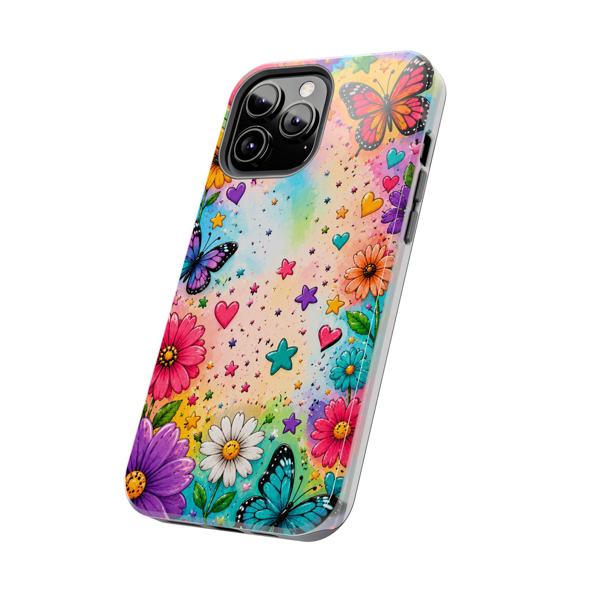 Colorful Butterflies and Flowers Tough Phone Case | Rainbow Hearts Stars