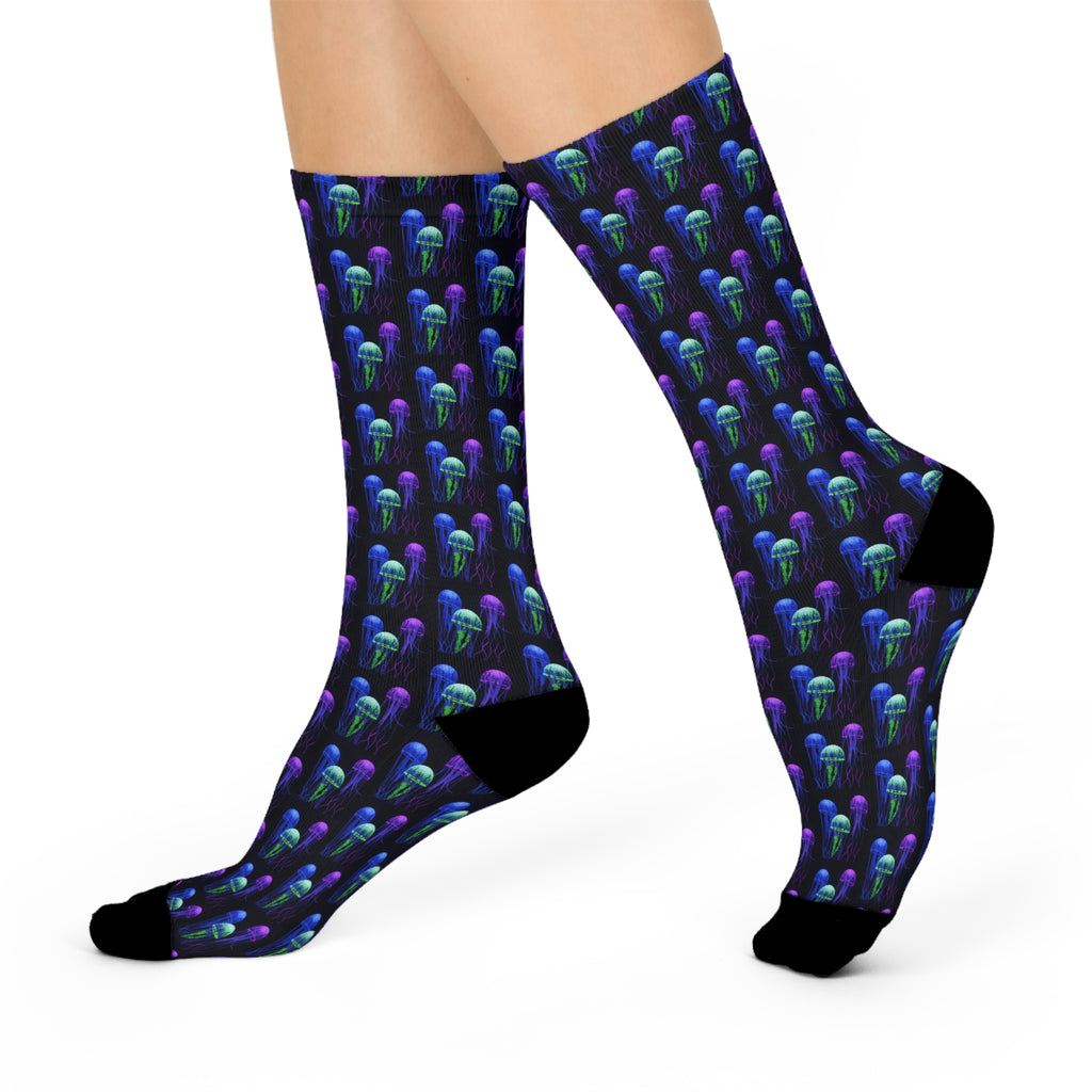 Jellyfish Pattern Crew Socks — Neon Ocean Cushioned Socks