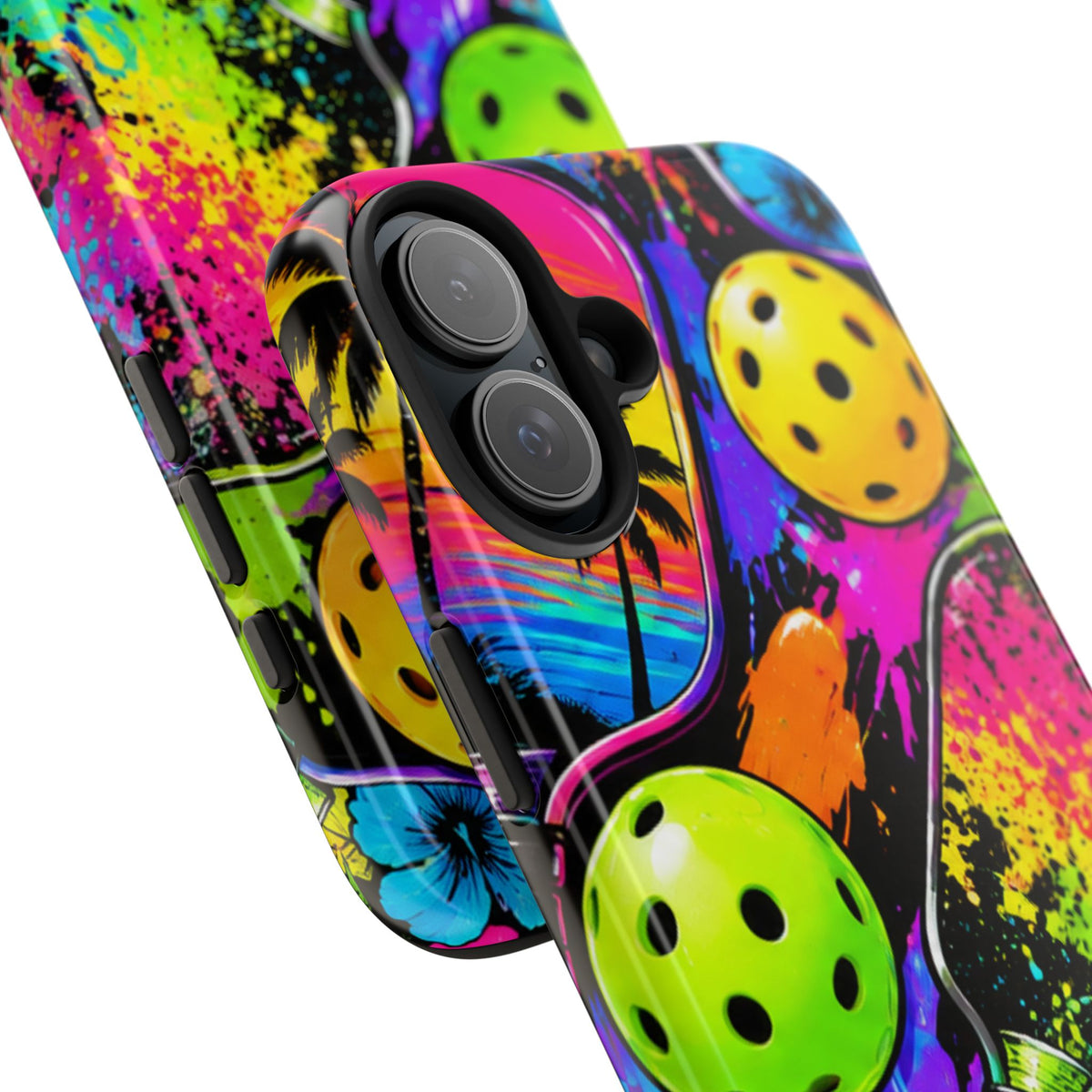 Pickleball Splash Tough Phone Case — Neon Paddle & Ball Protective Cover
