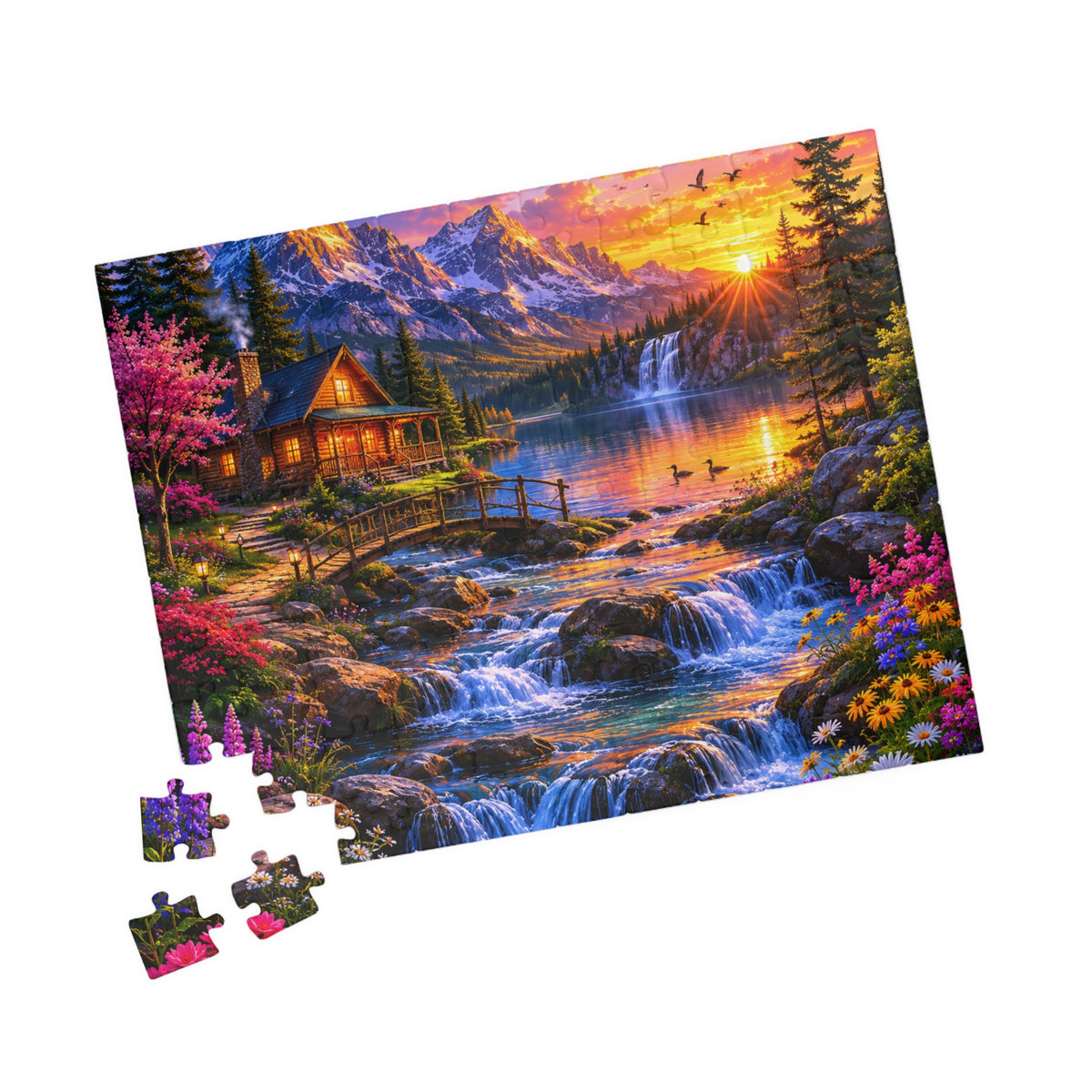 Lakeside Cabin Sunset Puzzle 520-Piece | Scenic Mountain Jigsaw