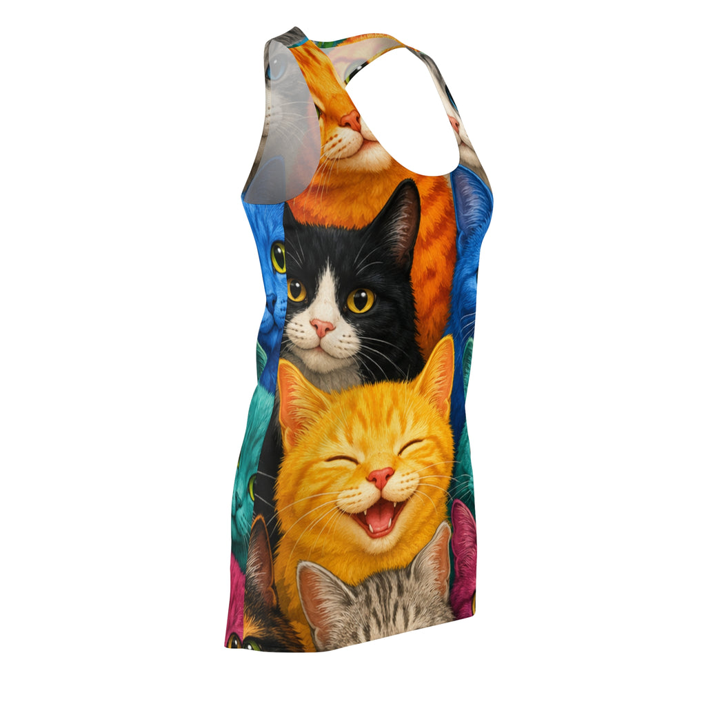 Colorful Cat Print Racerback Dress — Cute Multicolor Kitten All-Over Print