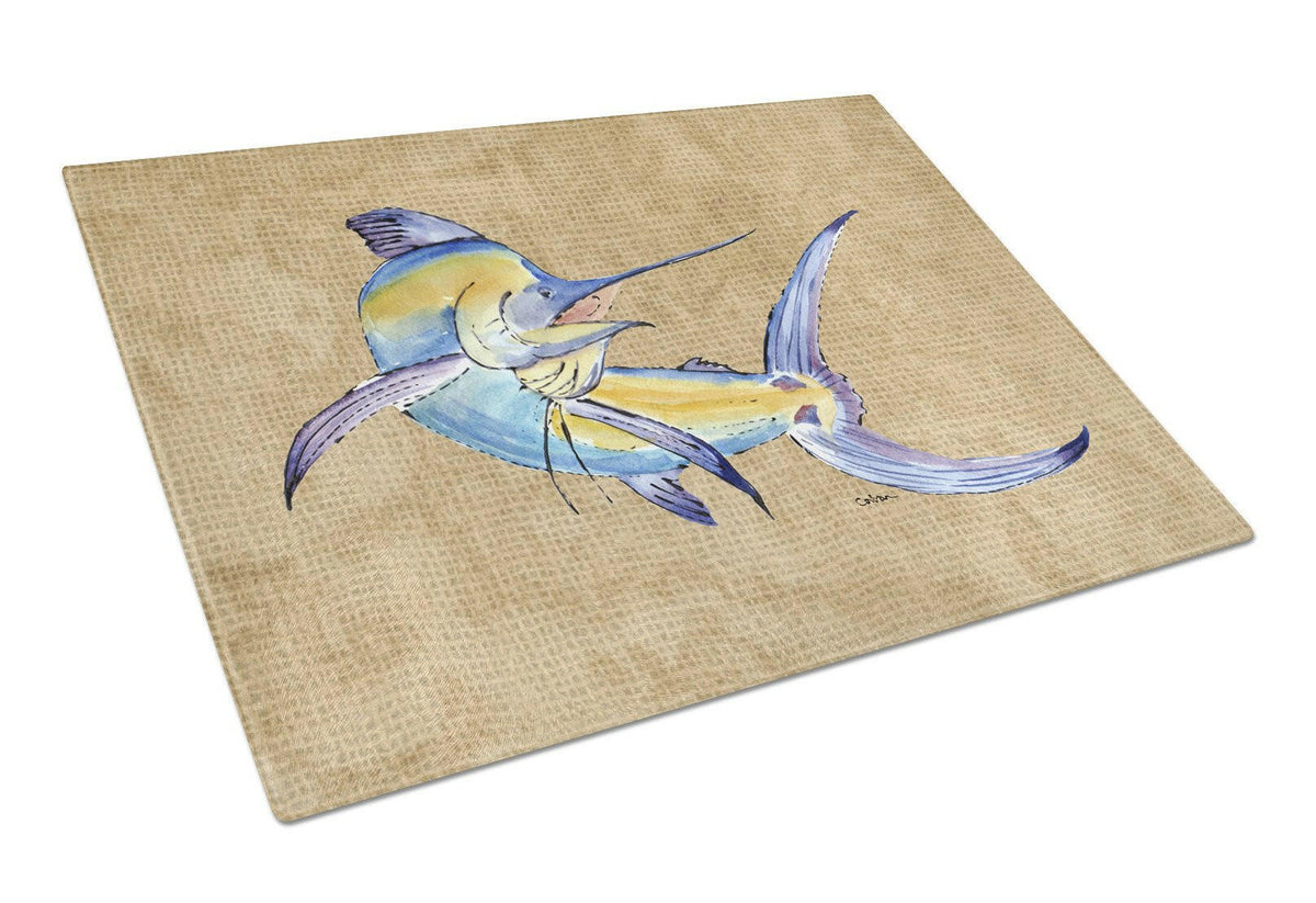 Blue Marlin Cutting Board Tempered Glass Kitchen Cutting Surface, Heat Resistant Chopping, Non-Slip Feet, Food Prep & Serving