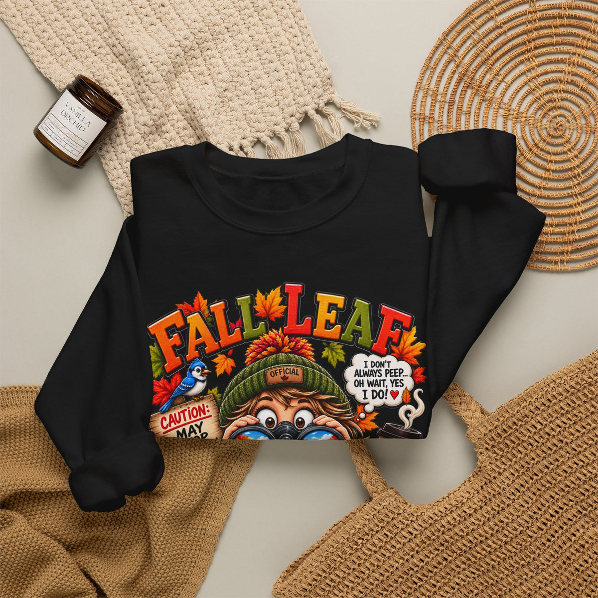 Fall Leaf Peeper Sweatshirt — Cute Autumn Bird Illustration with 'Fall Leaf Peeper' Text