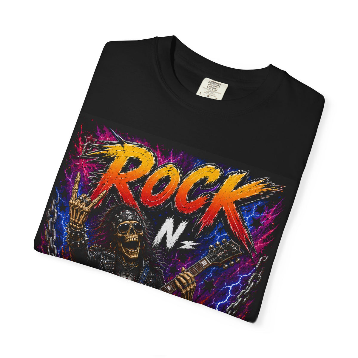 Rock N Roll Skeleton Guitar T-Shirt | Retro Neon Concert Tee