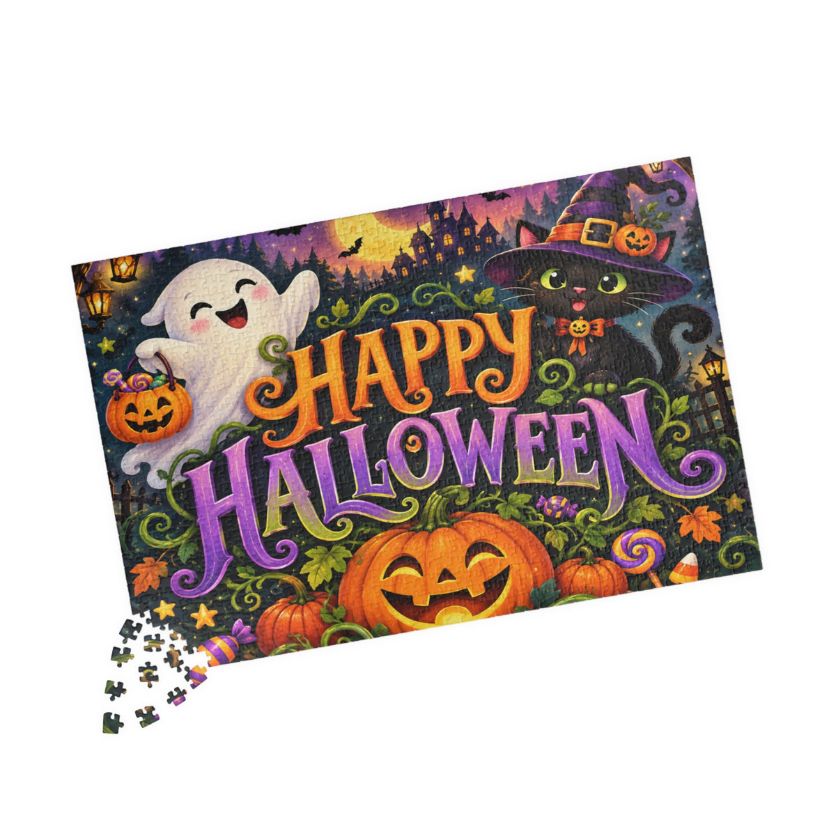 Happy Halloween Jigsaw Puzzle — Festive Pumpkin, Ghost & Witch Cat Puzzle (110/252/520/1014 pcs)