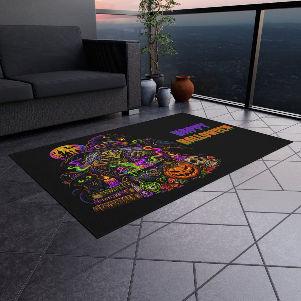 Halloween Witch Outdoor Rug — "Happy Halloween" Spooky Porch Mat