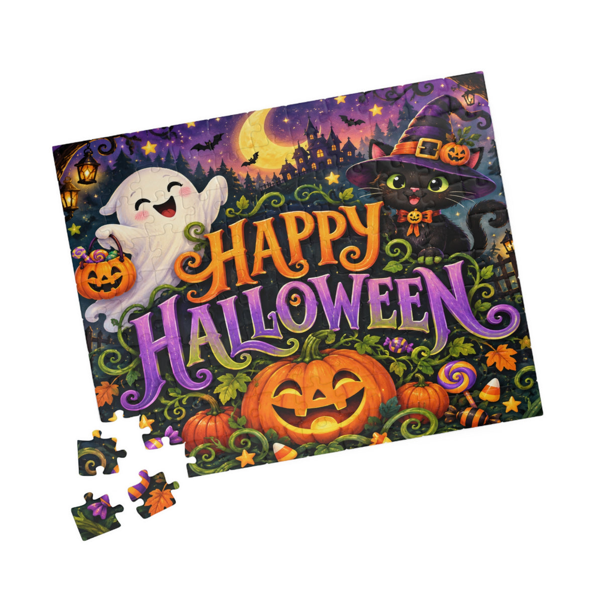 Happy Halloween Jigsaw Puzzle — Festive Pumpkin, Ghost & Witch Cat Puzzle (110/252/520/1014 pcs)