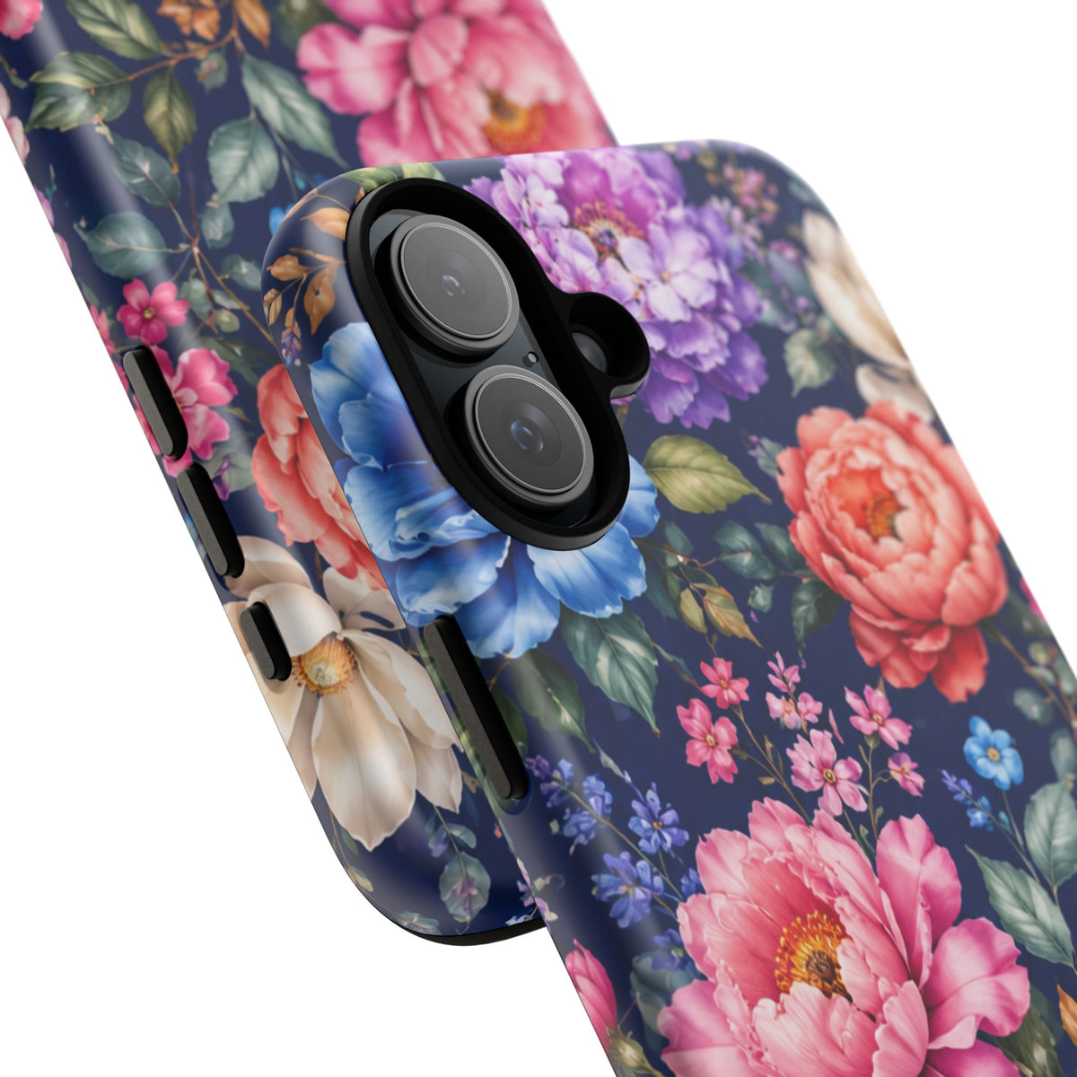 Floral Tough Phone Case – Vibrant Garden Flowers on Navy