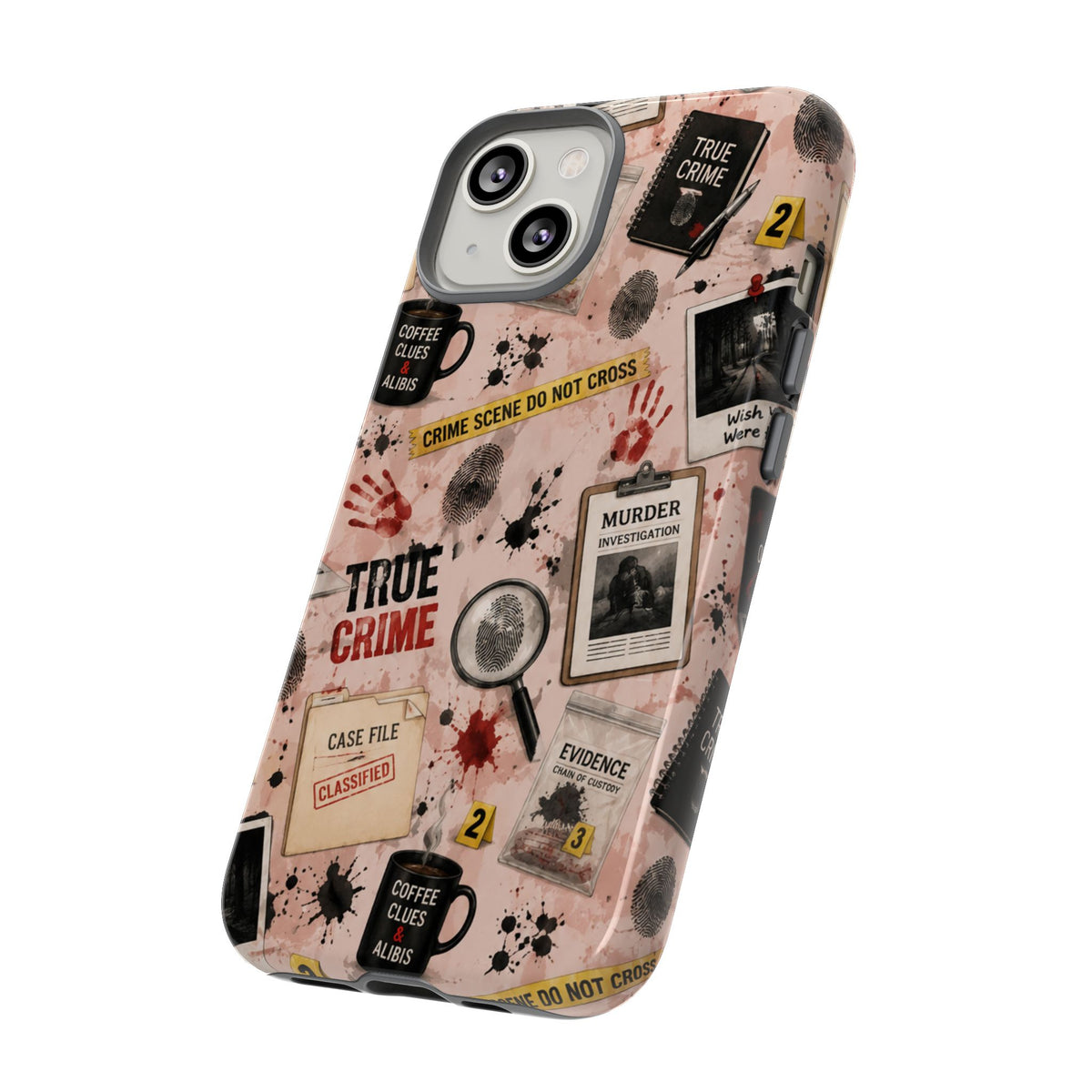 True Crime Pattern Phone Case – Detective Evidence, Crime Scene Tape & 'True Crime' Design