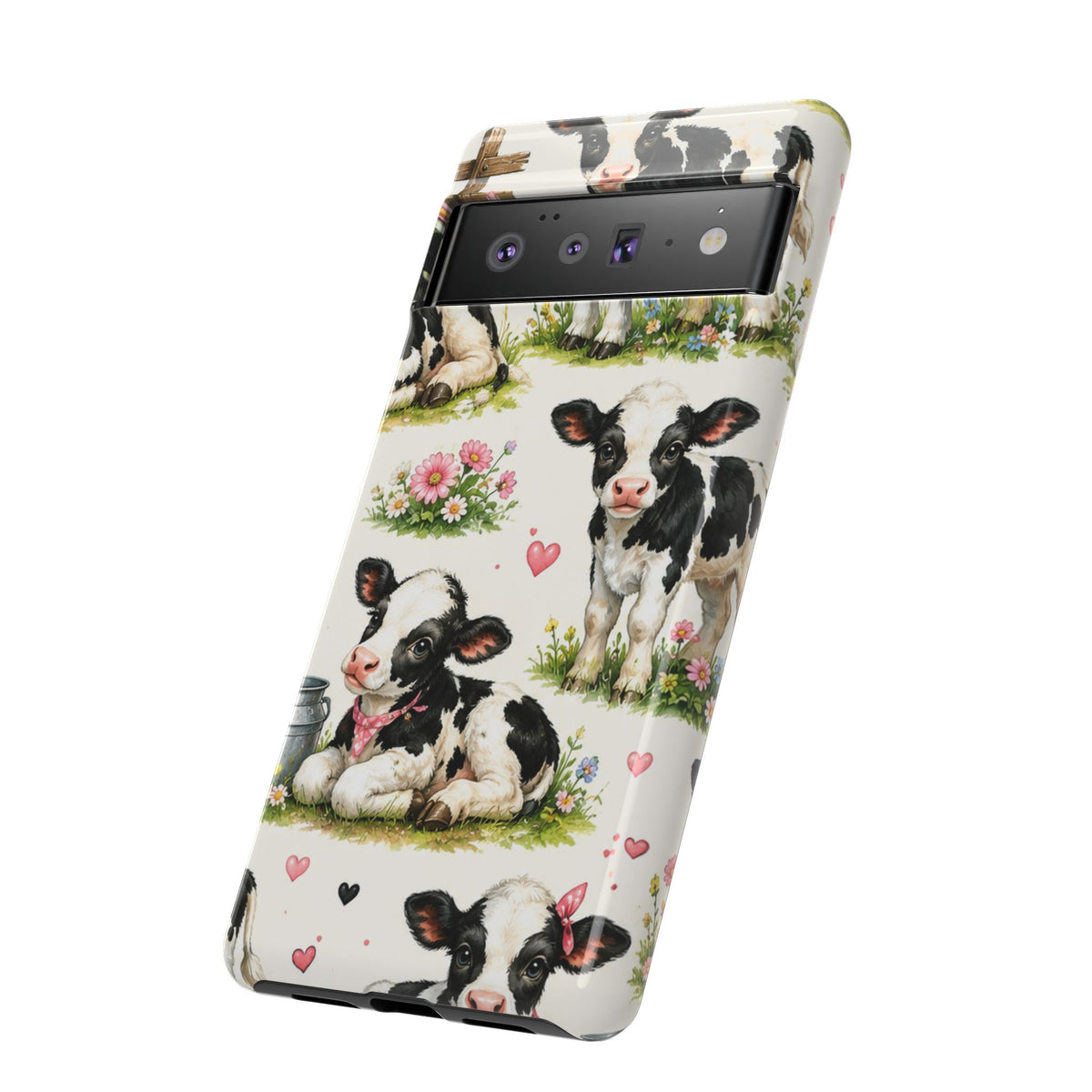Cute Calf Pattern Phone Case – Pastel Cow Hearts & Flowers Protective Cover