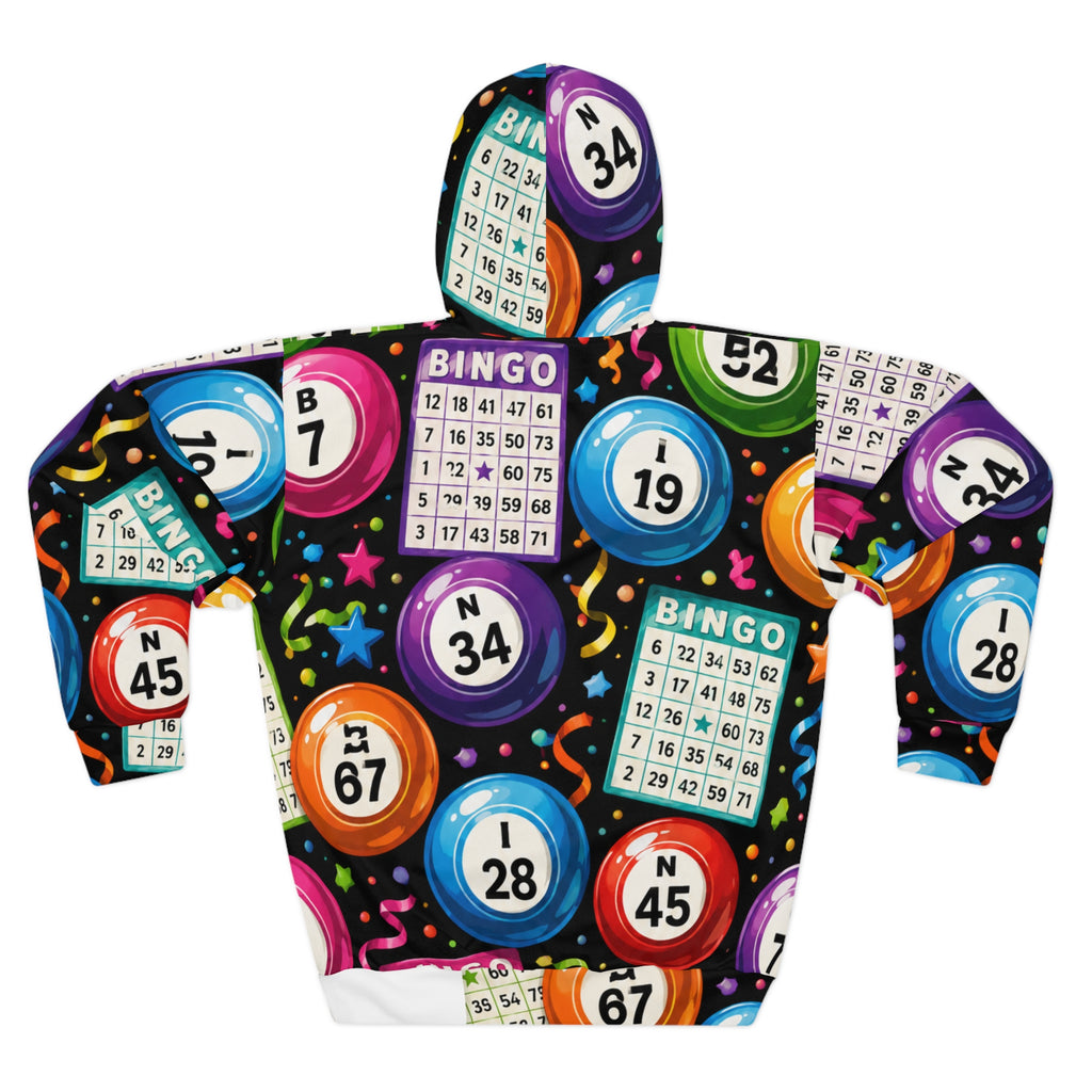 Bingo Night All-Over Print Hoodie — Colorful Bingo Balls & Cards