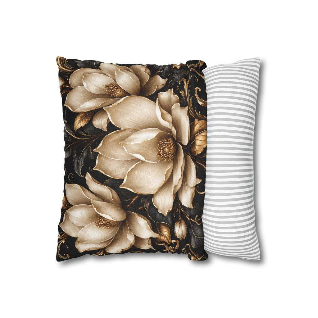 Floral Velvet Magnolia Pillowcase — Elegant Cream Blossoms on Black