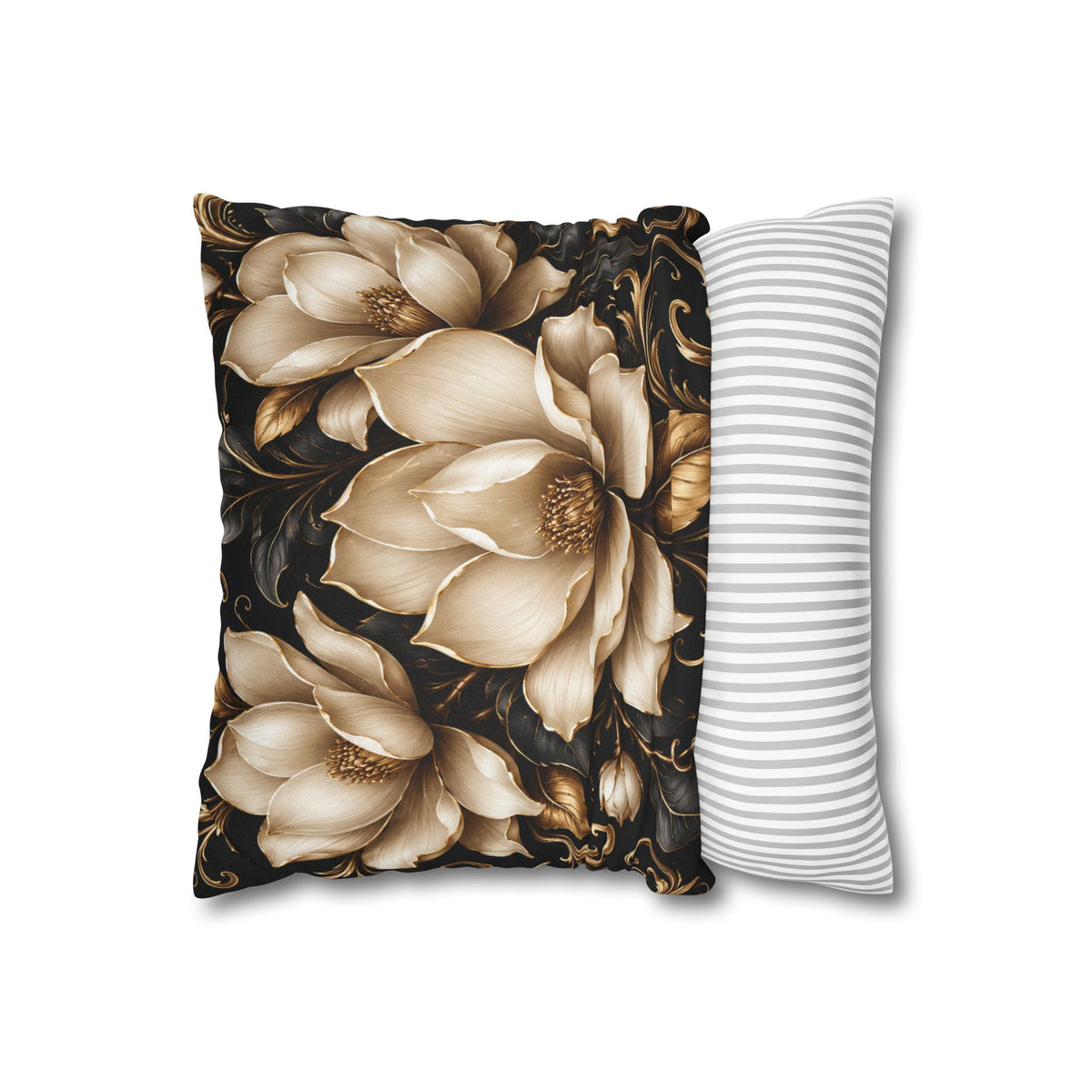 Floral Velvet Magnolia Pillowcase — Elegant Cream Blossoms on Black