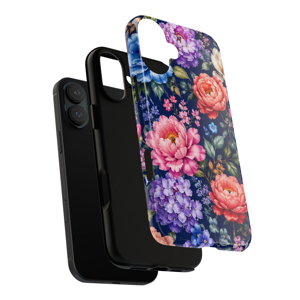 Floral Tough Phone Case – Vibrant Garden Flowers on Navy