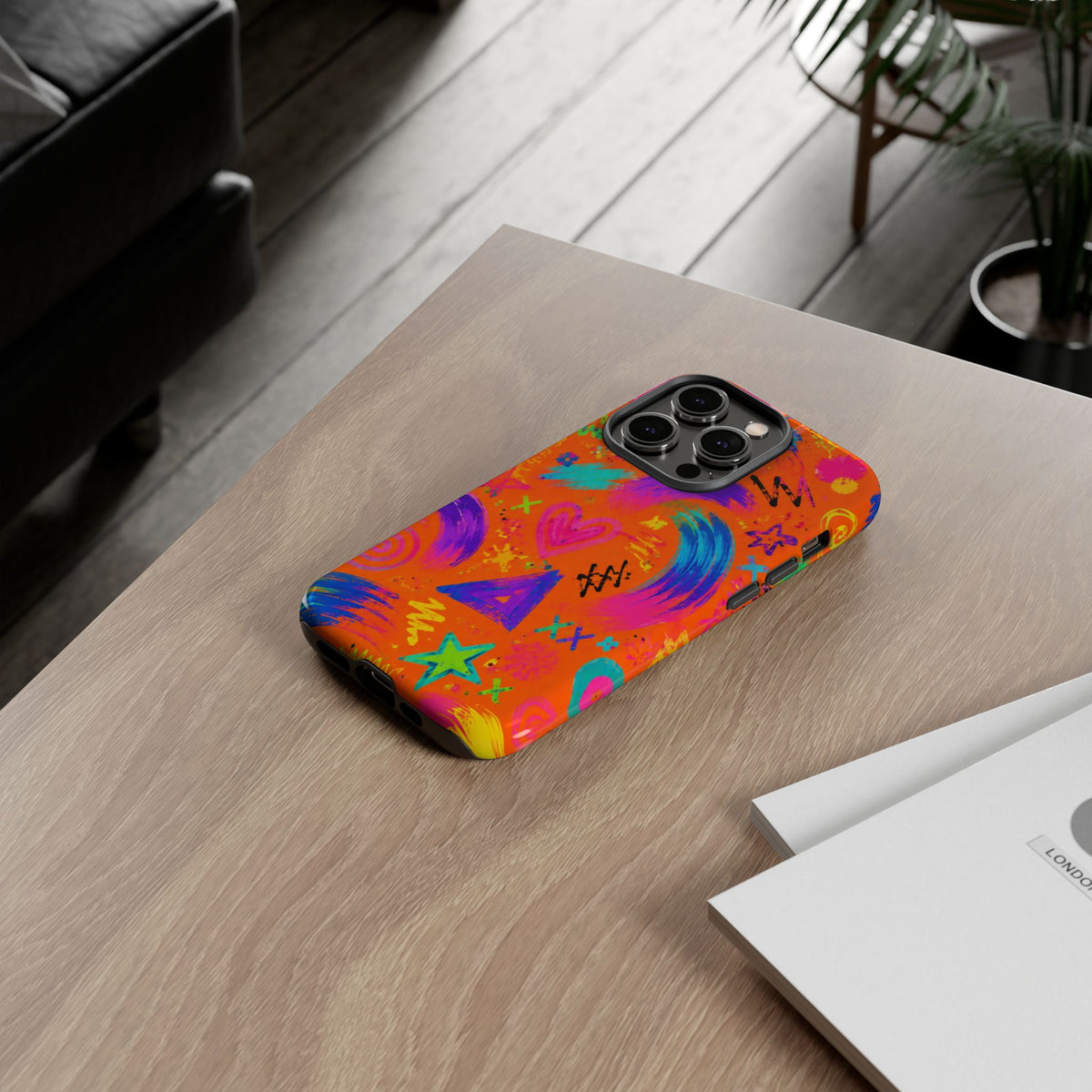 Colorful Neon Doodle Phone Case — Bright Abstract Stars & Hearts Tough Case