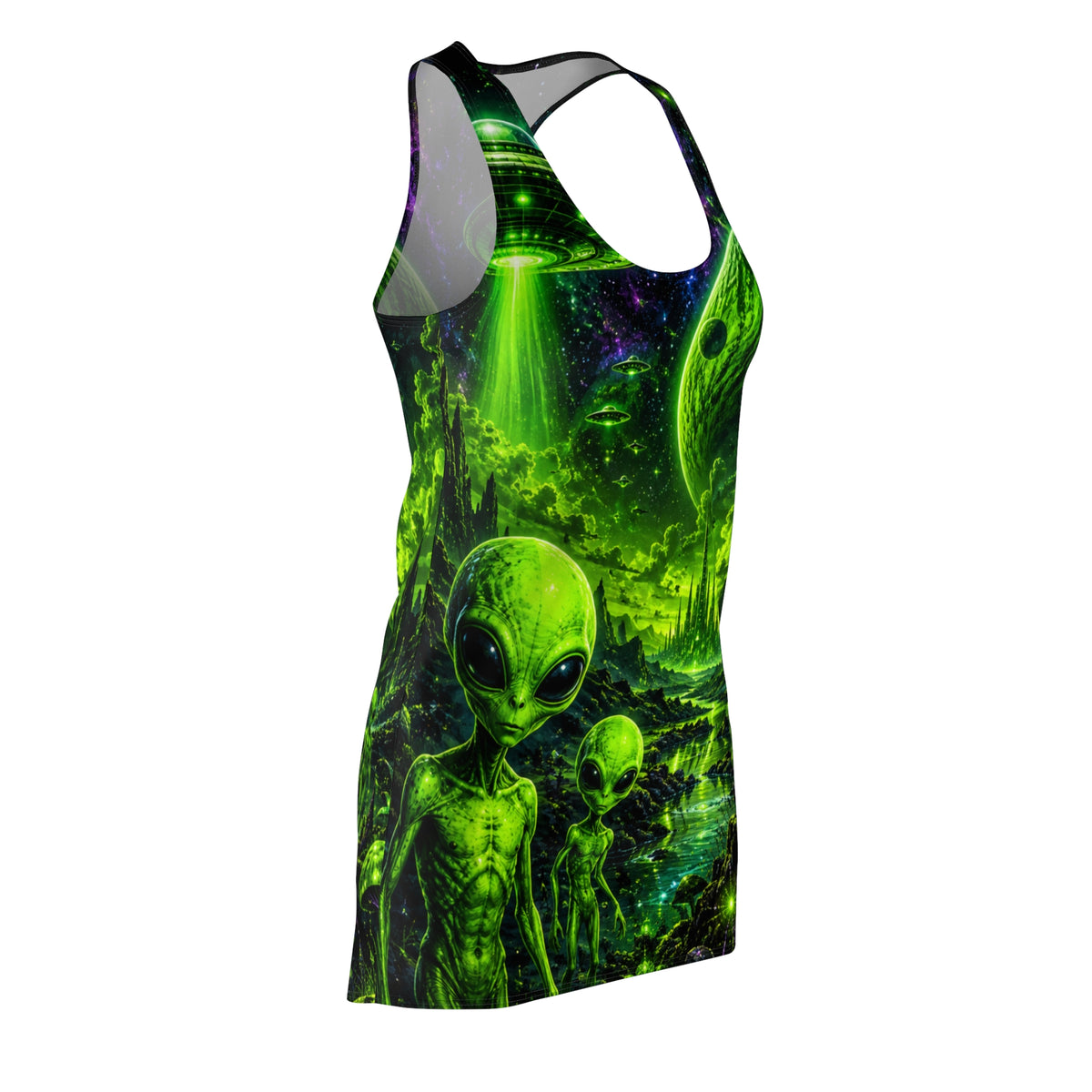 Alien Invasion Racerback Dress — Neon Green Extraterrestrial AOP Halloween