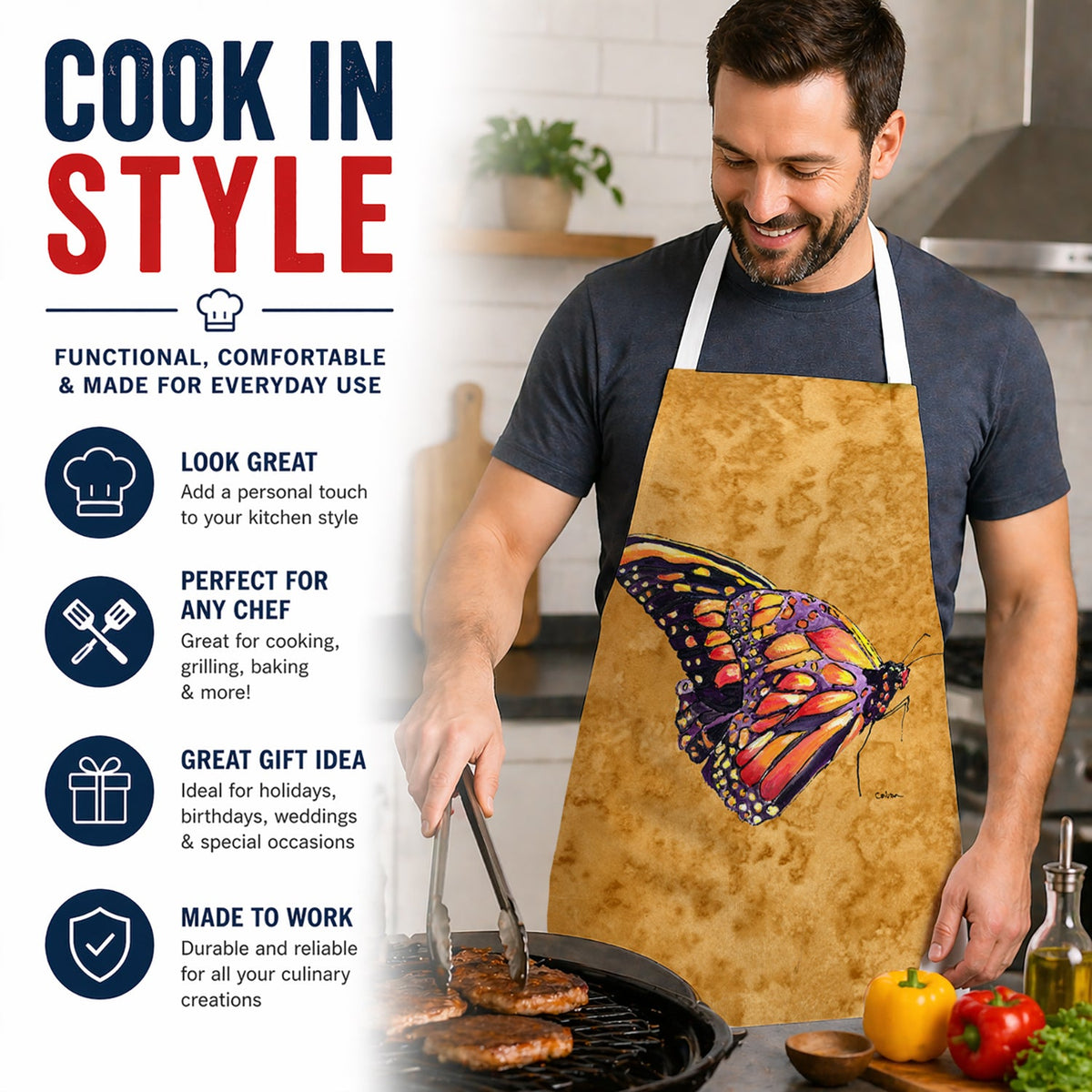 Butterfly on Gold Apron Cooking Kitchen Server Baking Crafts Gardening for Adult Women Men, Unisex, Large, Multicolor