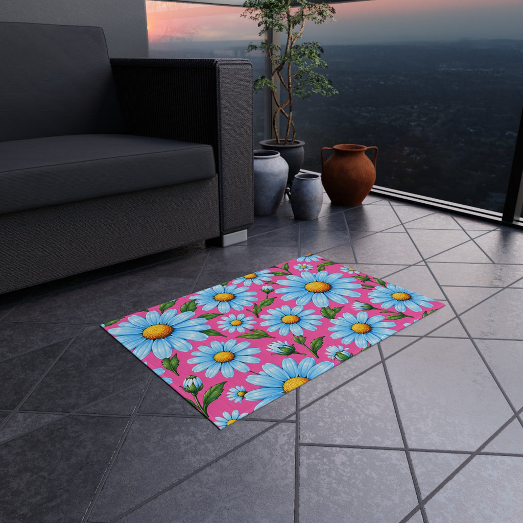 Daisy Bloom Outdoor Rug — Bright Blue Daisies on Pink Patio Mat