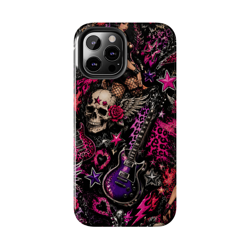 Rock Skull Guitar Phone Case — Edgy Pink Skull & Roses Tough Phone Case