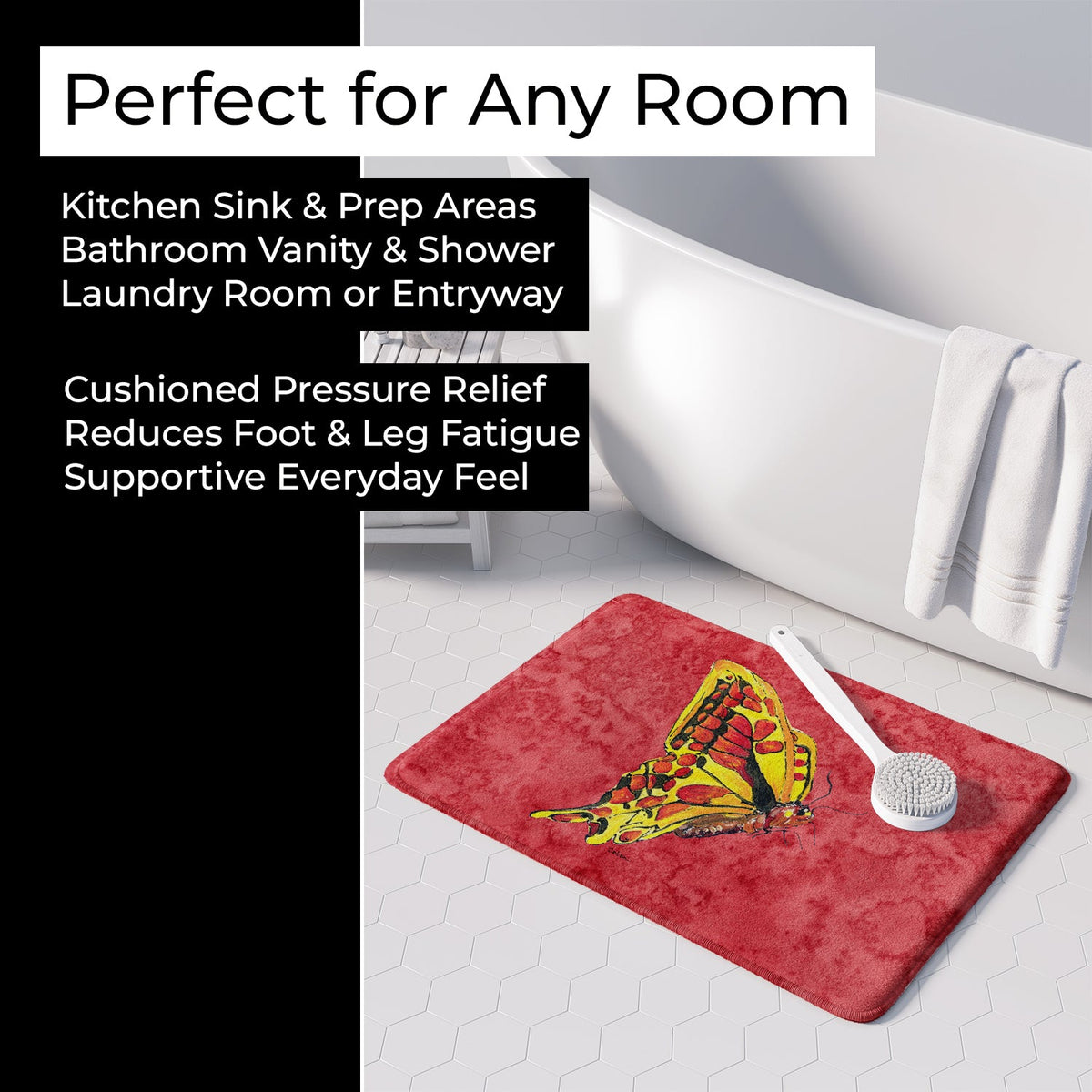 Butterfly on Red Memory Foam Kitchen Mat Machine Washable Anti-Fatigue Cushion Comfort Bath or Kitchen Rug