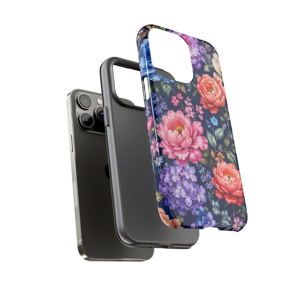 Floral Tough Phone Case – Vibrant Garden Flowers on Navy