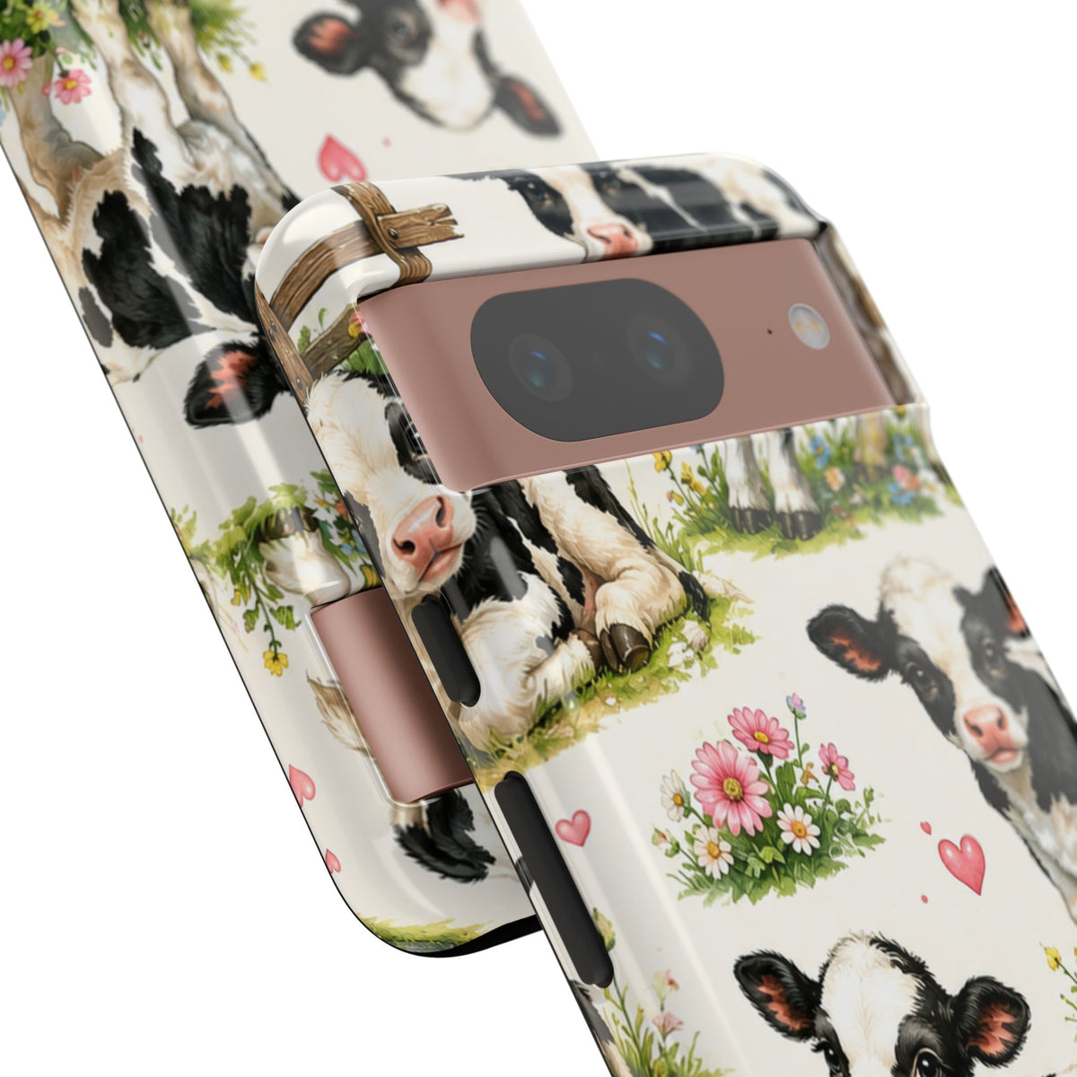 Cute Calf Pattern Phone Case – Pastel Cow Hearts & Flowers Protective Cover