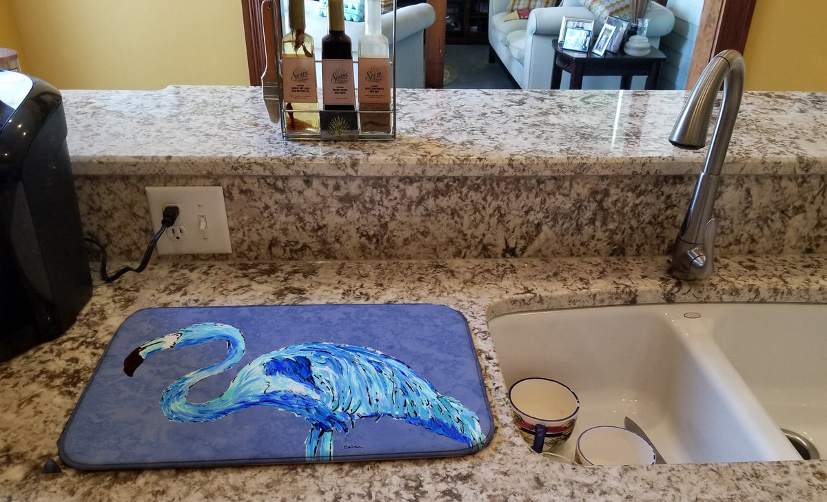 Flamingo On Slate Blue Dish Drying Mat Absorbent Dish Drying Mat Pad for Kitchen Counter Dish Drainer Mat for Countertop, 14 x 21", Multicolor