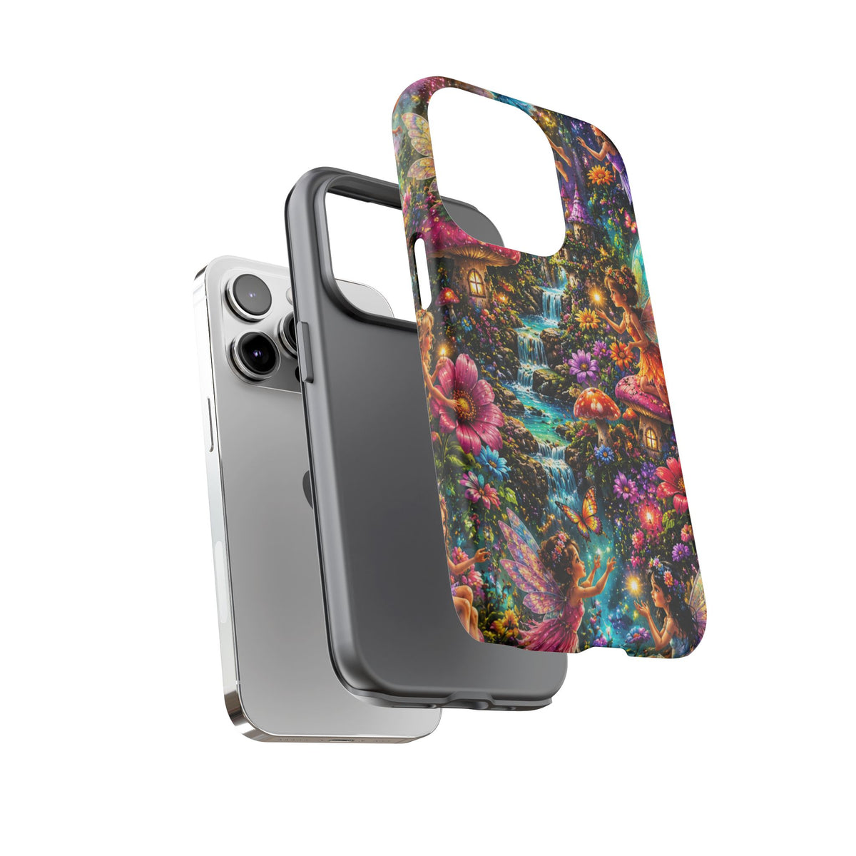 Fairy Garden Tough Phone Case — Whimsical Cottage, Waterfall & Mushroom Artwork