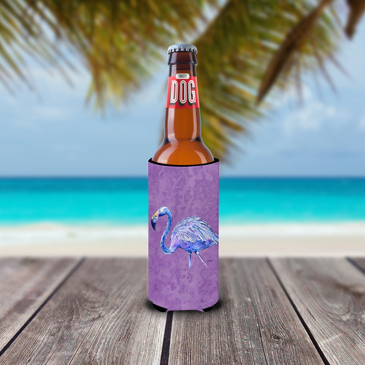 Flamingo on Purple Slim Can Hugger , Insulated Foam Hugger for 12 oz Slim Cans, Beer Bottles & Water Bottles, Printed in USA