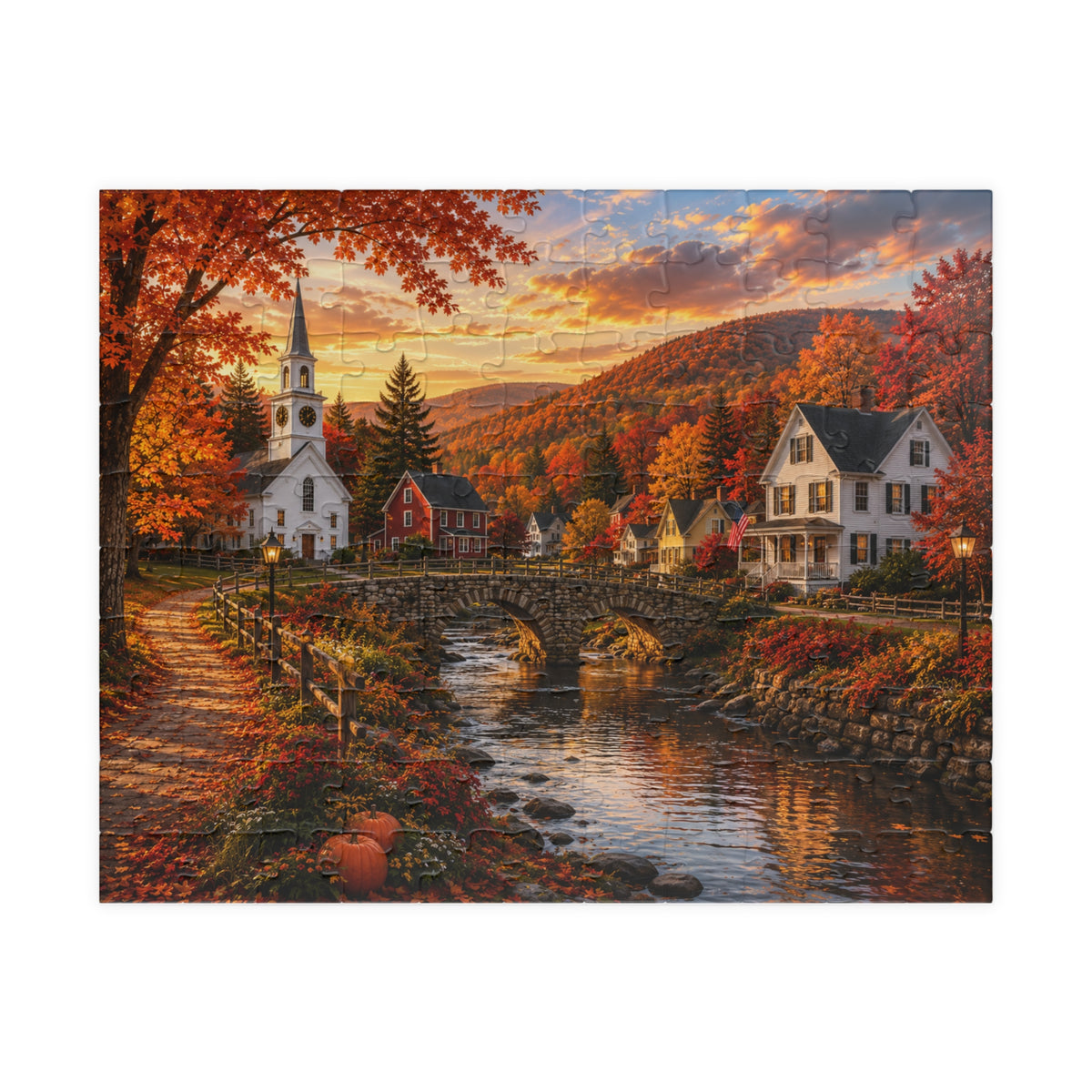 Autumn Village Landscape Puzzle | Fall River Church 520-Piece
