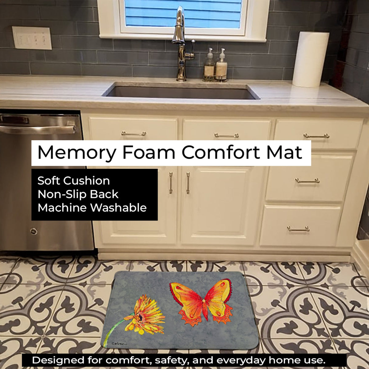 Gerber Daisy and Buttefly Memory Foam Kitchen Mat Machine Washable Anti-Fatigue Cushion Comfort Bath or Kitchen Rug