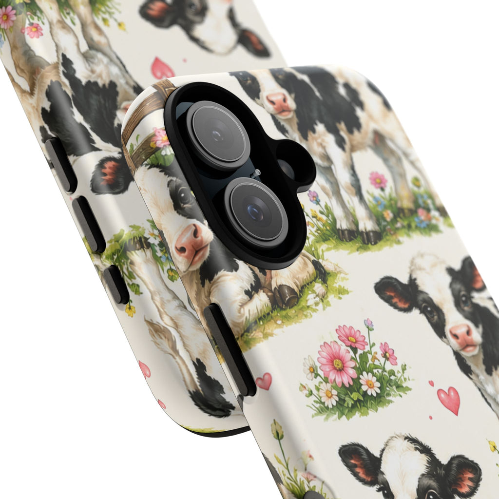 Cute Calf Pattern Phone Case – Pastel Cow Hearts & Flowers Protective Cover