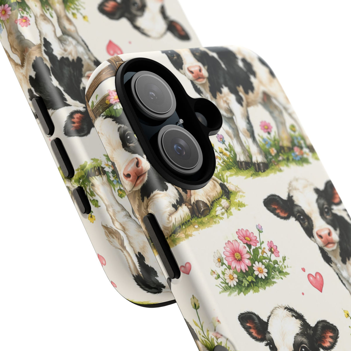 Cute Calf Pattern Phone Case – Pastel Cow Hearts & Flowers Protective Cover