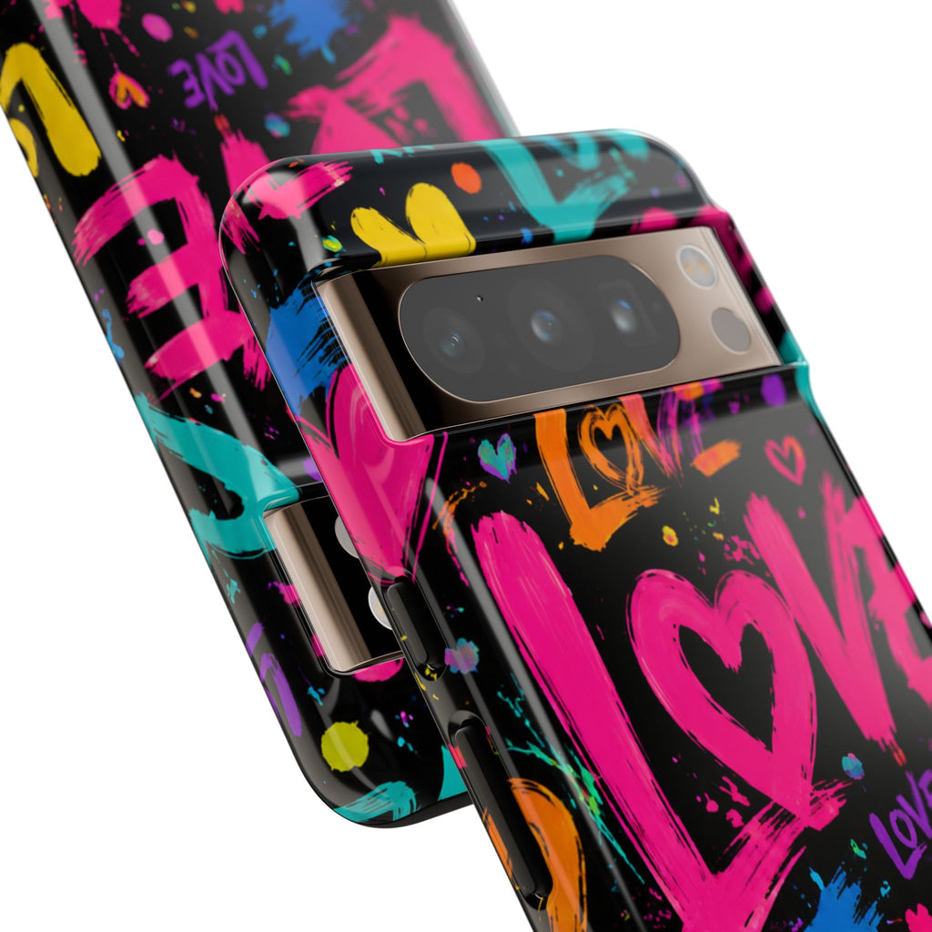 Phone Case — Neon Graffiti "Love" Hearts Protective Tough Case