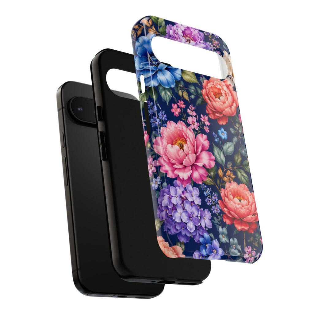 Floral Tough Phone Case – Vibrant Garden Flowers on Navy