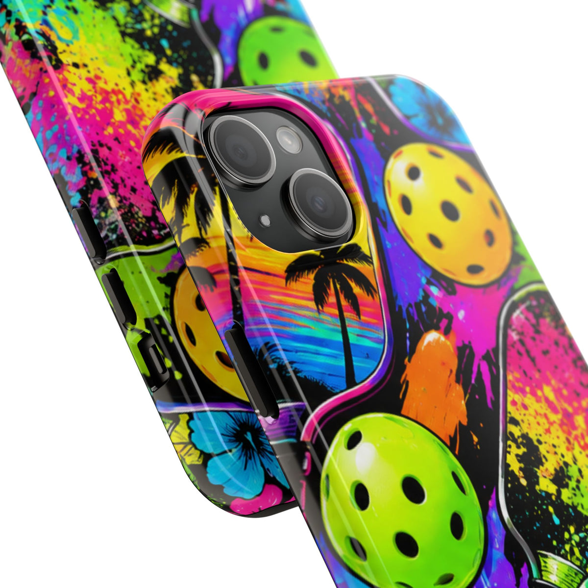 Pickleball Splash Tough Phone Case — Neon Paddle & Ball Protective Cover