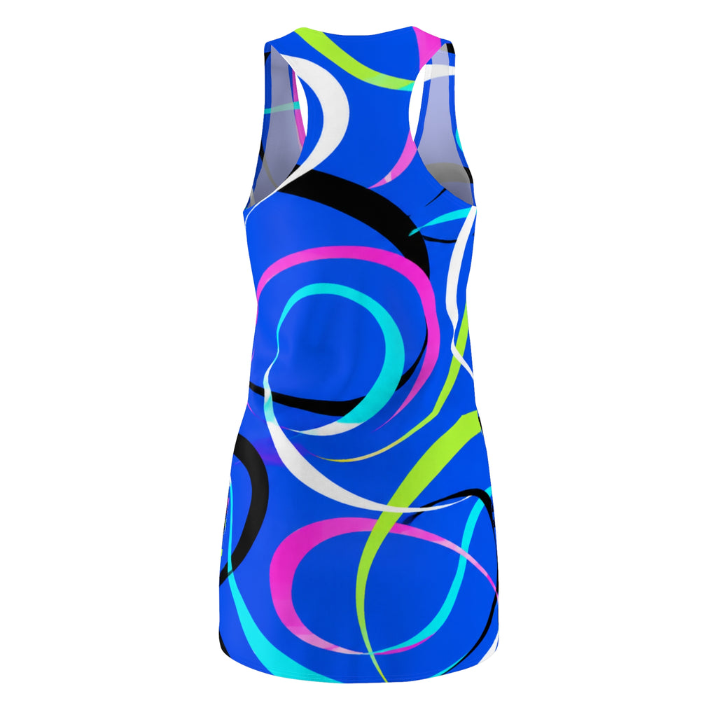 Blue Neon Swirl Racerback Dress — Vibrant All-Over Print Sundress