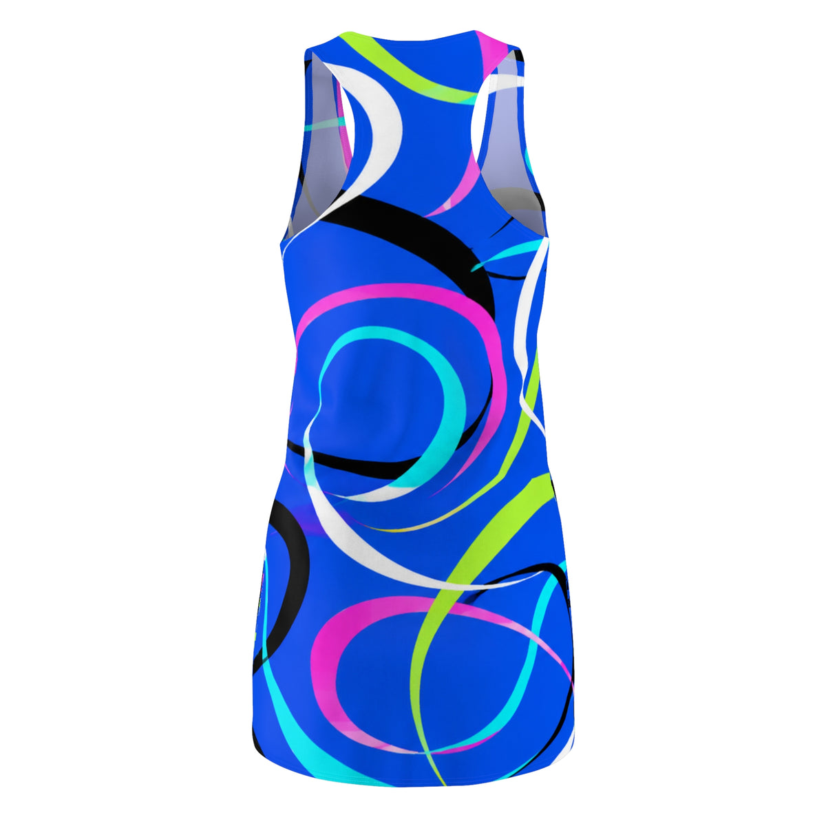 Blue Neon Swirl Racerback Dress — Vibrant All-Over Print Sundress