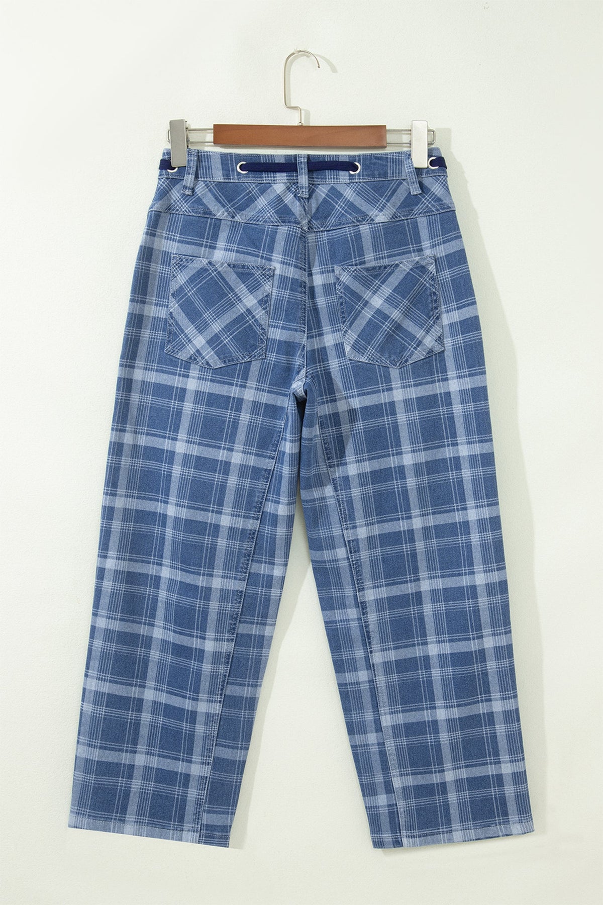Denim Plaid Grommet Drawstring Waist Jeans